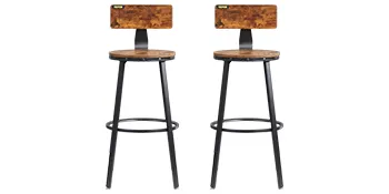 pair of VEVOR rustic bar stools with wooden seats and backs, black metal frames, and footrests.