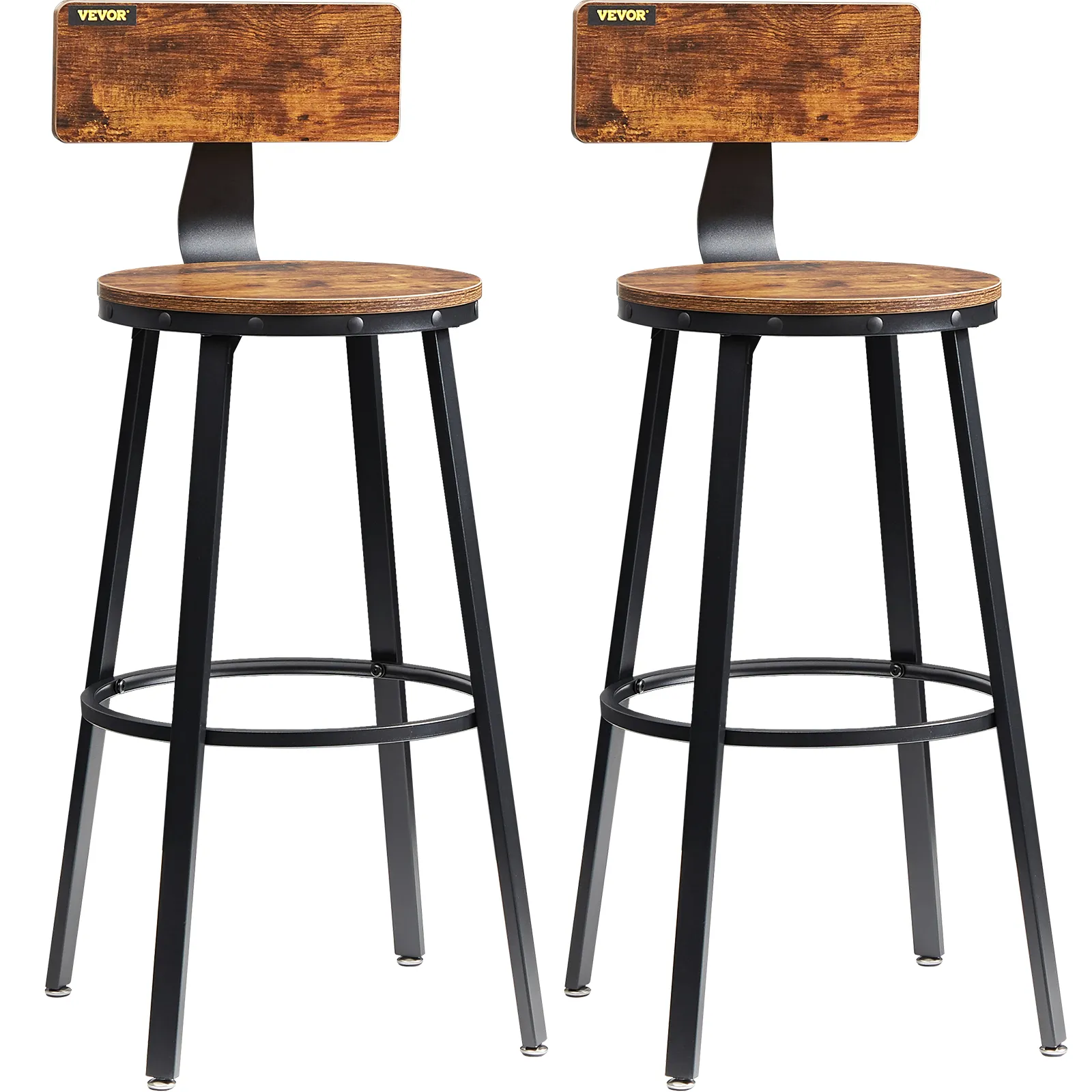 pair of VEVOR rustic bar stools with wooden seats and backrests, black metal legs, industrial design.