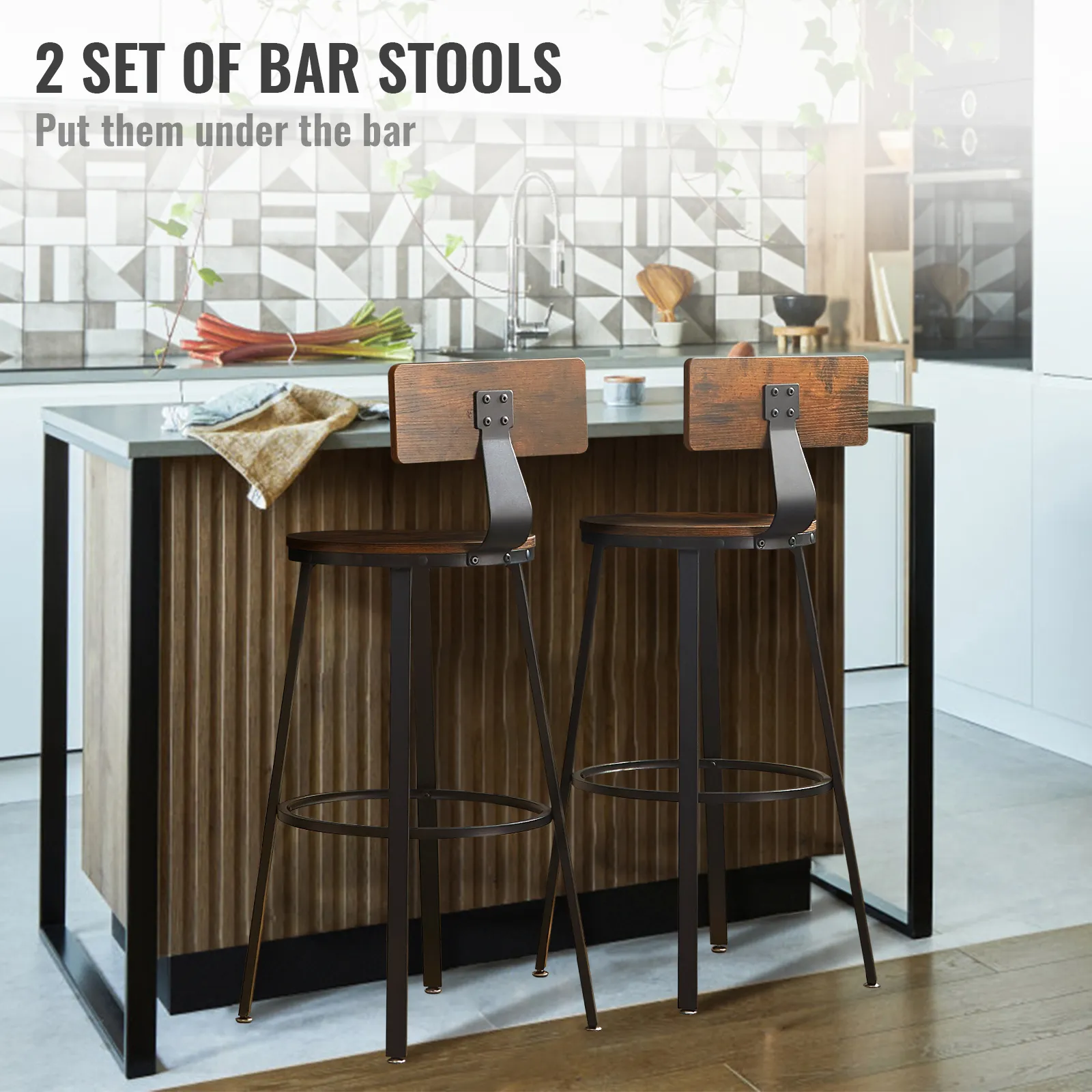two VEVOR rustic bar stools at a modern kitchen counter with geometric backsplash.