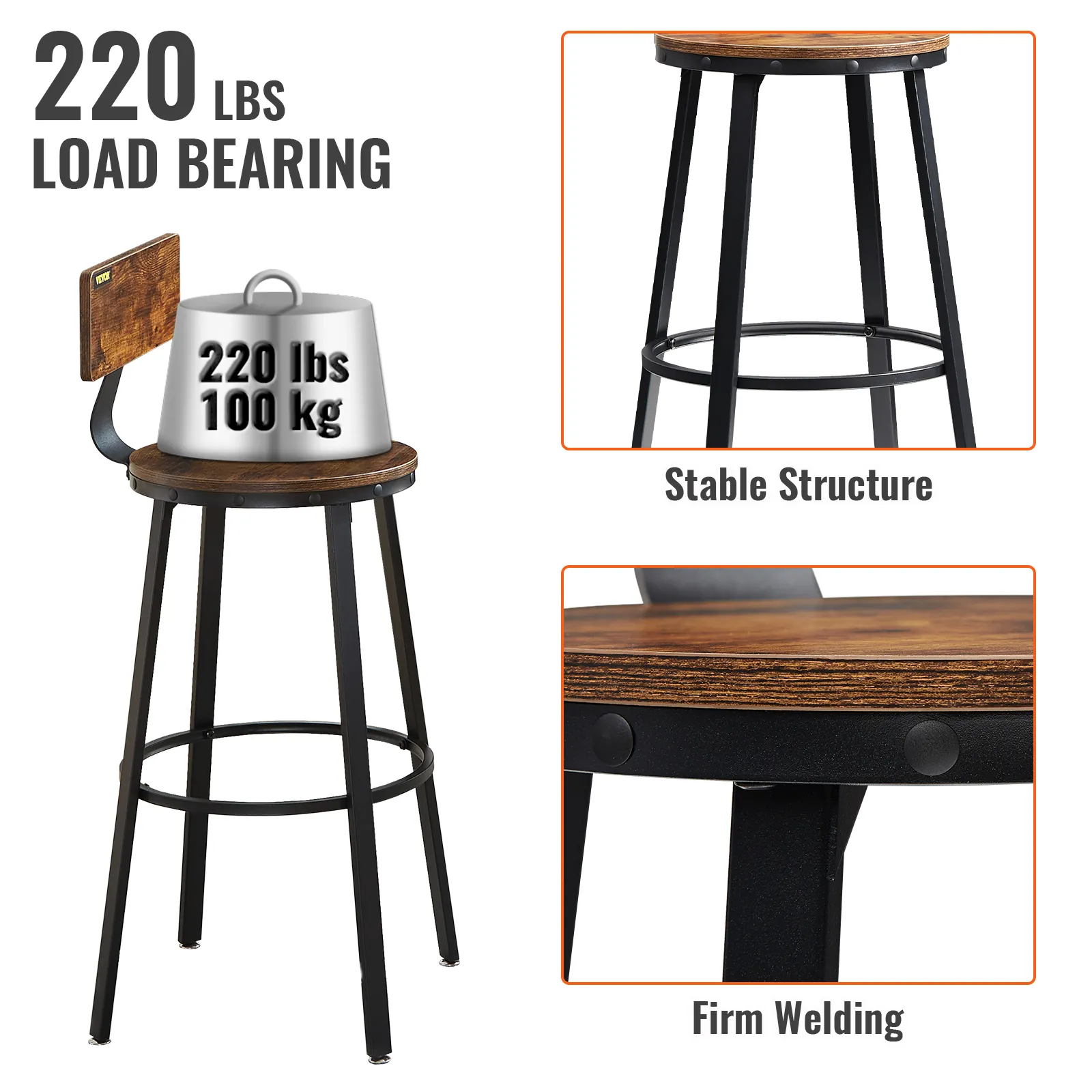 VEVOR rustic bar stools with 220 lbs load-bearing, stable structure, and firm welding for durability.