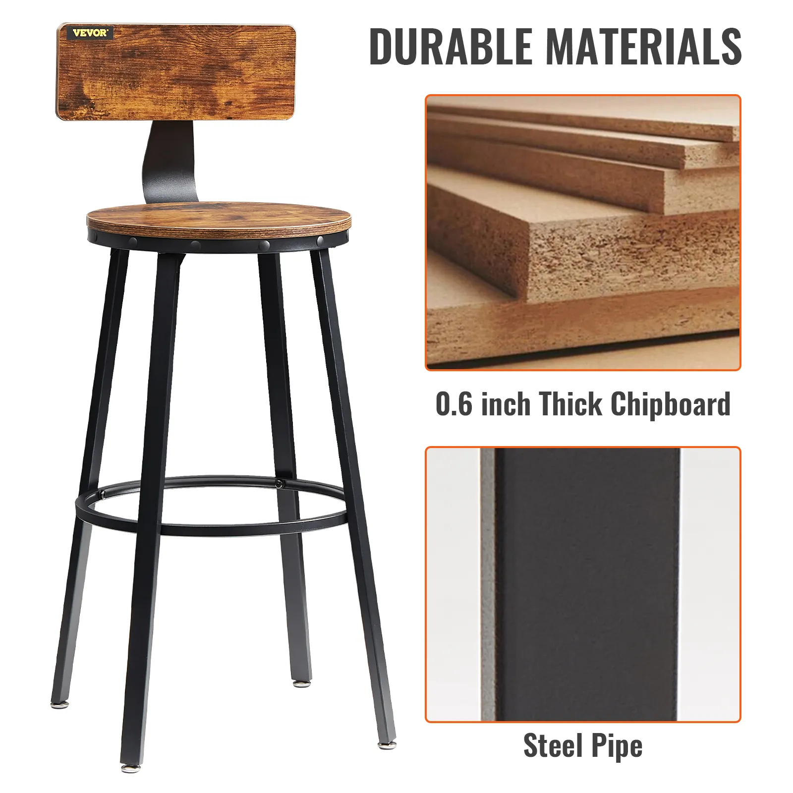 VEVOR rustic bar stools made with durable 0.6-inch thick chipboard and sturdy steel pipe.