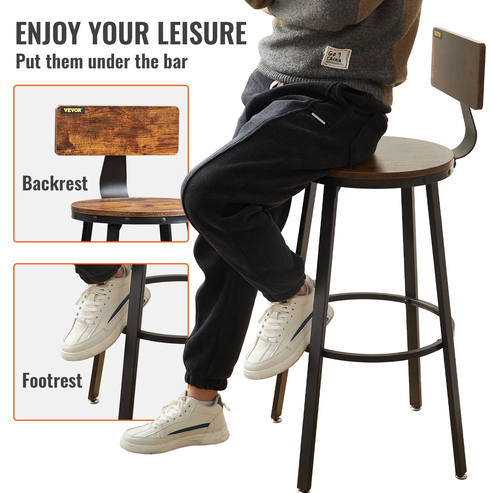 VEVOR rustic bar stools with wooden backrests and metal footrests.