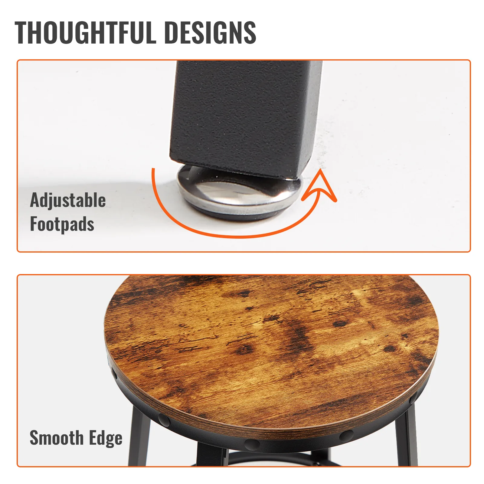 VEVOR rustic bar stools with adjustable footpads and smooth wooden seats for enhanced comfort.