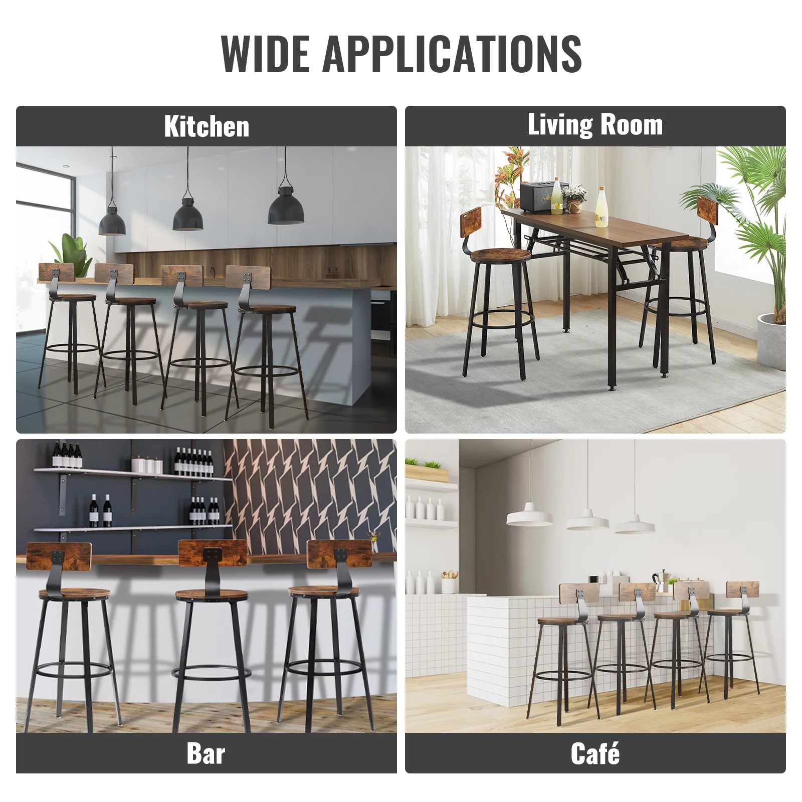VEVOR rustic bar stools in kitchen, living room, bar, and café settings showcasing wide applications.