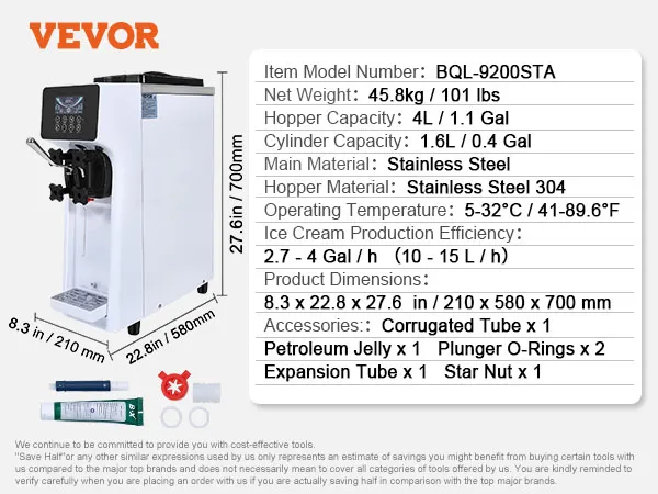 Detalles de la máquina de helado comercial VEVOR: acero inoxidable, cilindro de 1,6 l, tolva de 4 l, altura de 27,6 pulgadas, accesorios.
