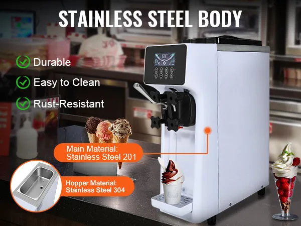 Máquina de helado comercial VEVOR con cuerpo de acero inoxidable duradero, fácil de limpiar y resistente a la oxidación.