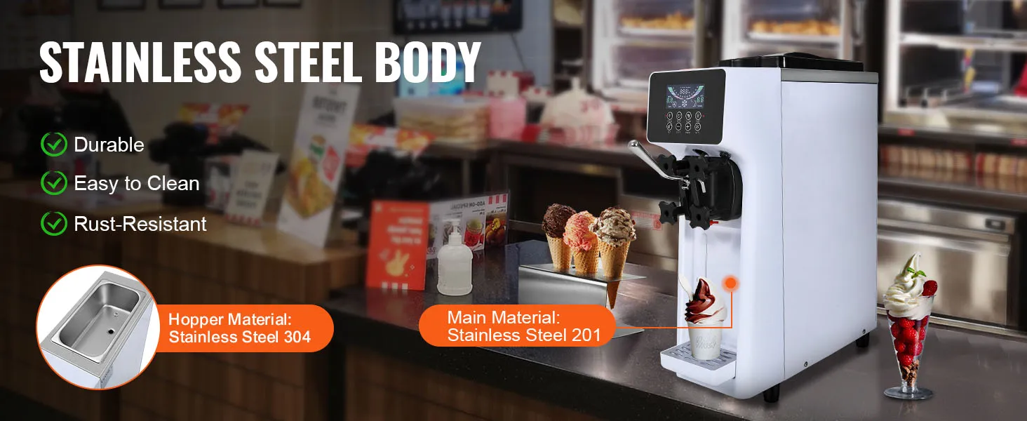 Máquina de helado comercial VEVOR con cuerpo de acero inoxidable duradero, fácil de limpiar y resistente a la oxidación.