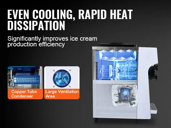 Máquina de helado comercial VEVOR que presenta un enfriamiento uniforme, una rápida disipación del calor y un funcionamiento silencioso.