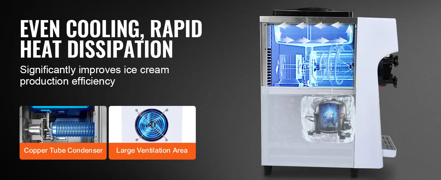 Máquina de helado comercial VEVOR que presenta un enfriamiento uniforme, una rápida disipación del calor y un funcionamiento silencioso.
