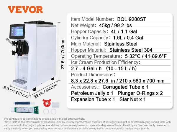Komercyjna maszyna do lodów VEVOR BQL-9200ST, pojemność 1,6 l, stal nierdzewna, 45 kg, poziom hałasu ≤ 60 dB.