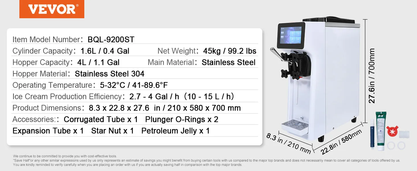 Komercyjna maszyna do lodów VEVOR BQL-9200ST, pojemność 1,6 l, stal nierdzewna, 45 kg, poziom hałasu ≤ 60 dB.