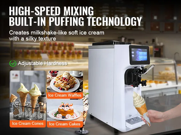 Komercyjna maszyna do lodów VEVOR z mieszaniem wysokoobrotowym i regulowaną twardością, przeznaczona do produkcji lodów miękkich.