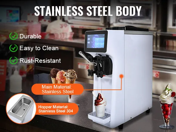 Komercyjna maszyna do lodów VEVOR z obudową ze stali nierdzewnej w otoczeniu kawiarnianym, serwująca lody.