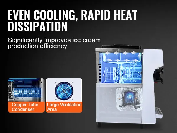 równomierne chłodzenie i szybkie odprowadzanie ciepła w komercyjnej maszynie do lodów VEVOR, niski poziom hałasu, wydajność.