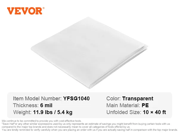 Telo di plastica per serre VEVOR, trasparente, spessore 6 mil, 10x40 piedi, 11,9 libbre, materiale pe.