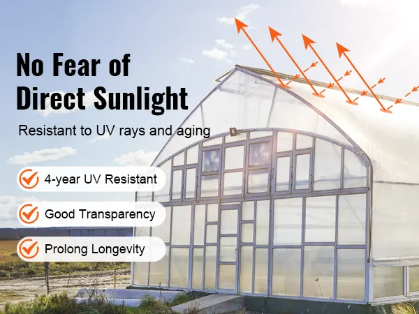 Il telo in plastica per serre VEVOR protegge dai raggi UV con elevata trasparenza e durata.