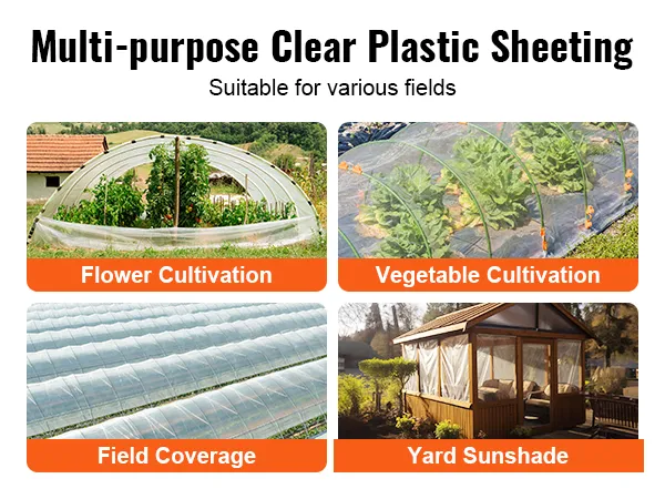 Teli in plastica multiuso per serre VEVOR, ideali per fiori, ortaggi, coperture per campi e ombrelloni da giardino.