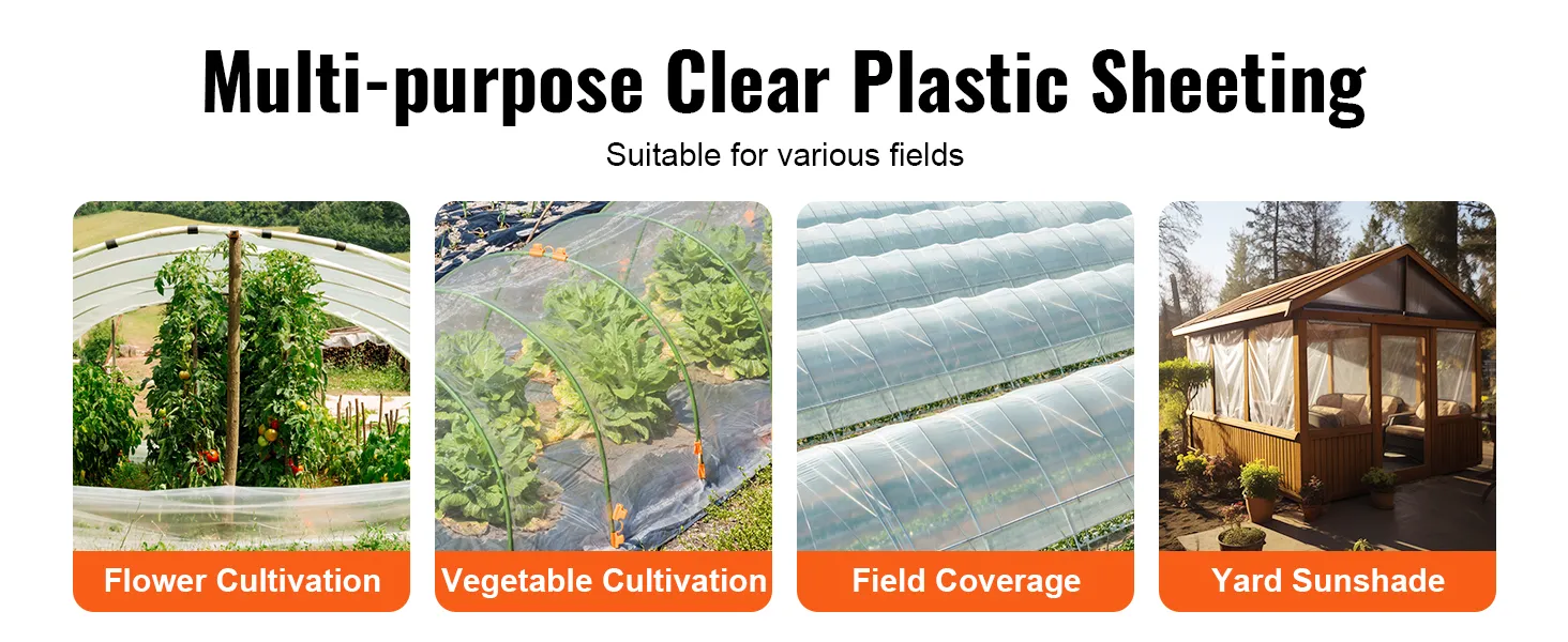 Teli in plastica multiuso per serre VEVOR, ideali per fiori, ortaggi, coperture per campi e ombrelloni da giardino.