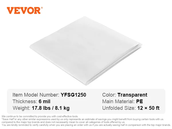 VEVOR greenhouse plastic sheeting, transparent pe material, 6 mil thickness, 12×50 ft size.