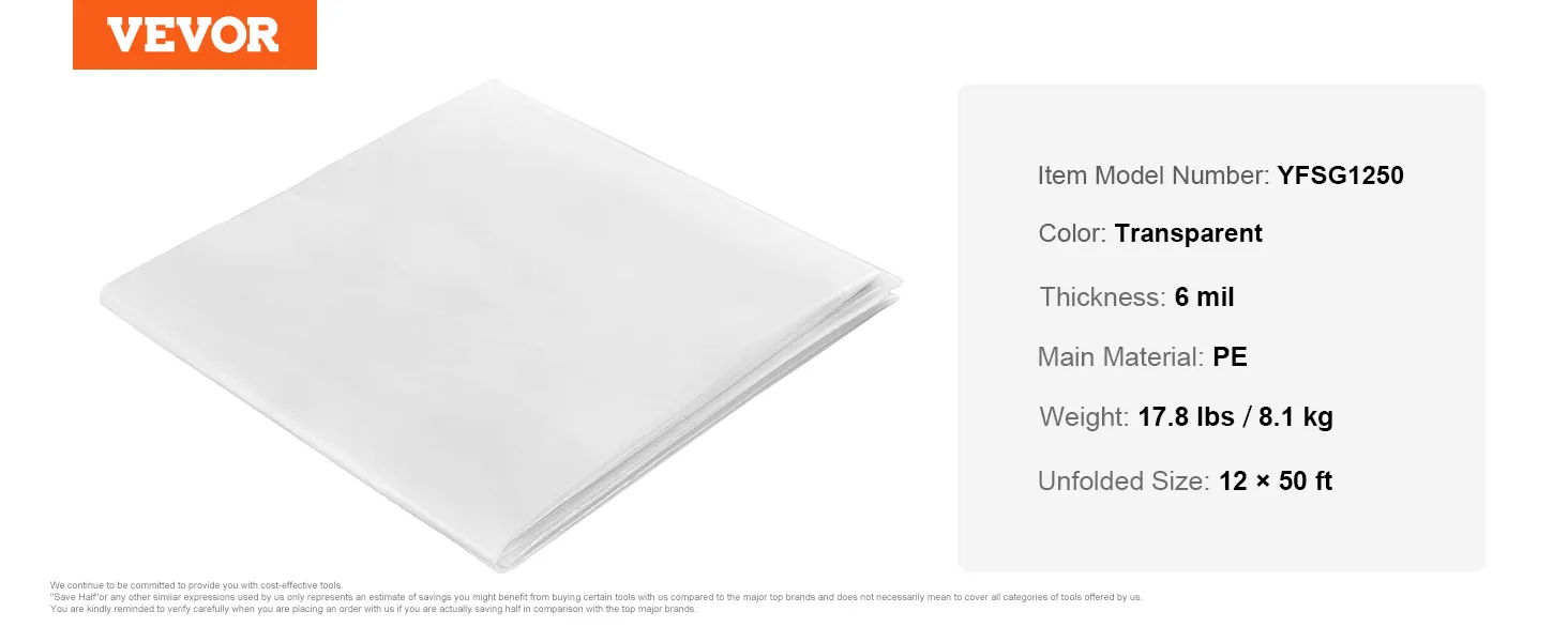 VEVOR greenhouse plastic sheeting, transparent pe material, 6 mil thickness, 12×50 ft size.