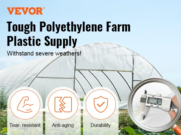 VEVOR greenhouse plastic sheeting showcasing its tear-resistant, anti-aging, and durable qualities.