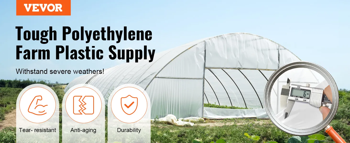 VEVOR greenhouse plastic sheeting showcasing its tear-resistant, anti-aging, and durable qualities.