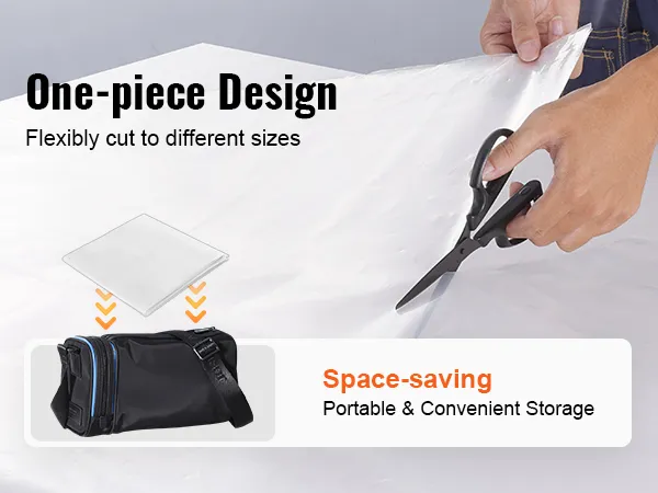 one-piece VEVOR greenhouse plastic sheeting being cut to different sizes, shown with storage bag.