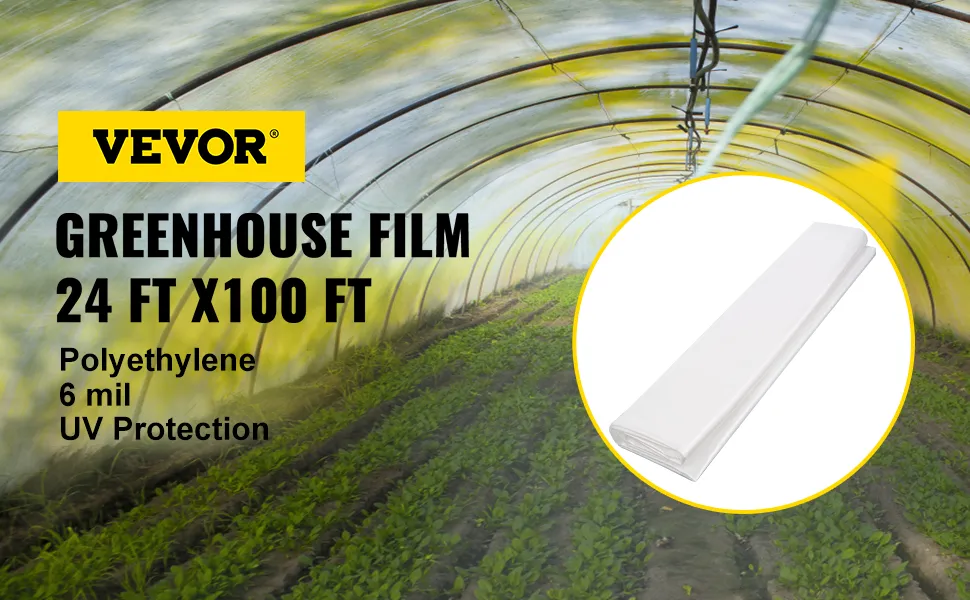 VEVOR kasfolie 24x100 ft met uv-bescherming, polyethyleen 6 mil dikte.