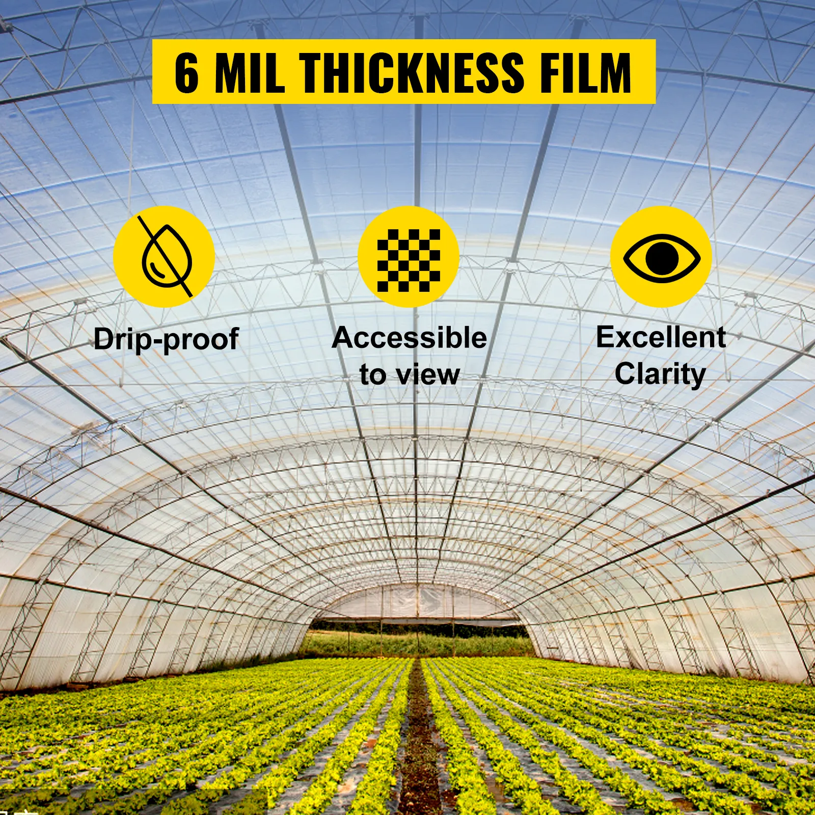 VEVOR kasfolie; 6 mil dik, druppelvrij, helder zicht, bedekt weelderige groene planten.