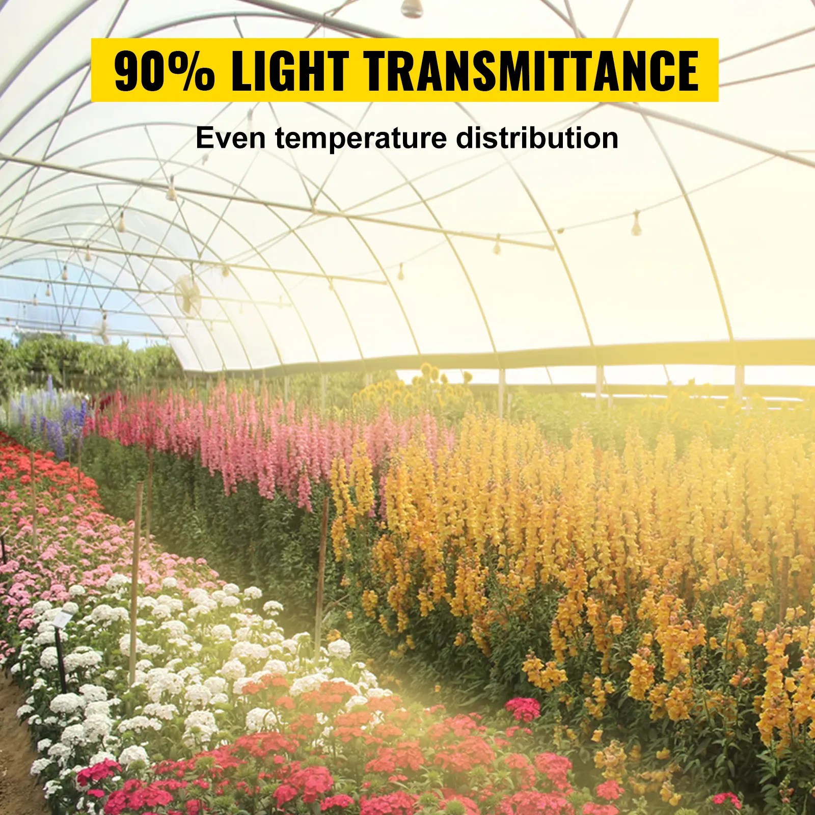 VEVOR kasfolie over bloemenrijen met 90% lichttransmissie en gelijkmatige temperatuur.