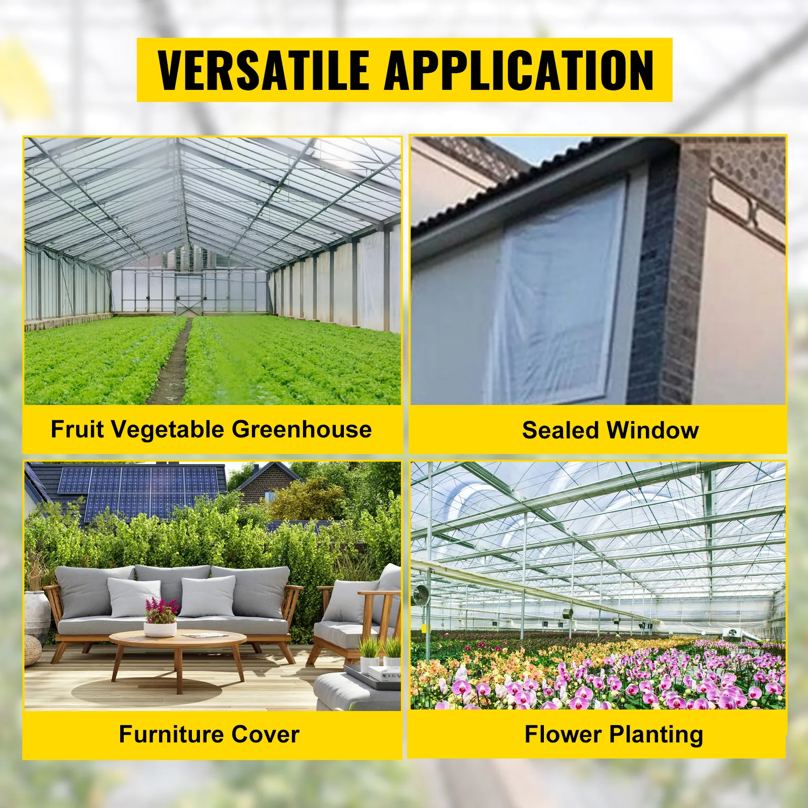 VEVOR kasfolie: veelzijdig toepasbaar in kassen, raamafdichting, meubelafdekking, beplanting.