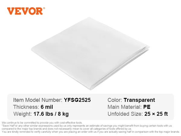 VEVOR greenhouse plastic sheeting 6 mil, transparent, pe, 25×25 ft, 17.6 lbs, model yfsg2525.