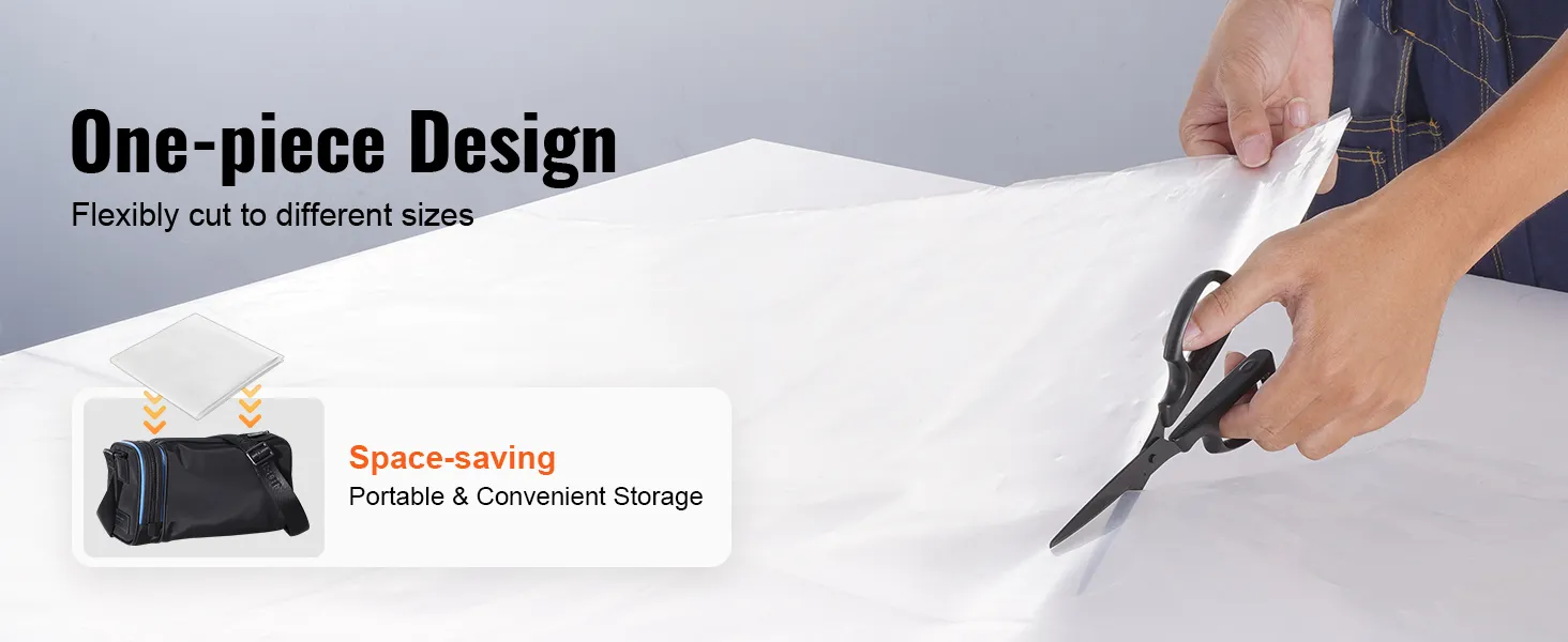 cutting VEVOR greenhouse plastic sheeting, showcasing a one-piece design and space-saving storage.