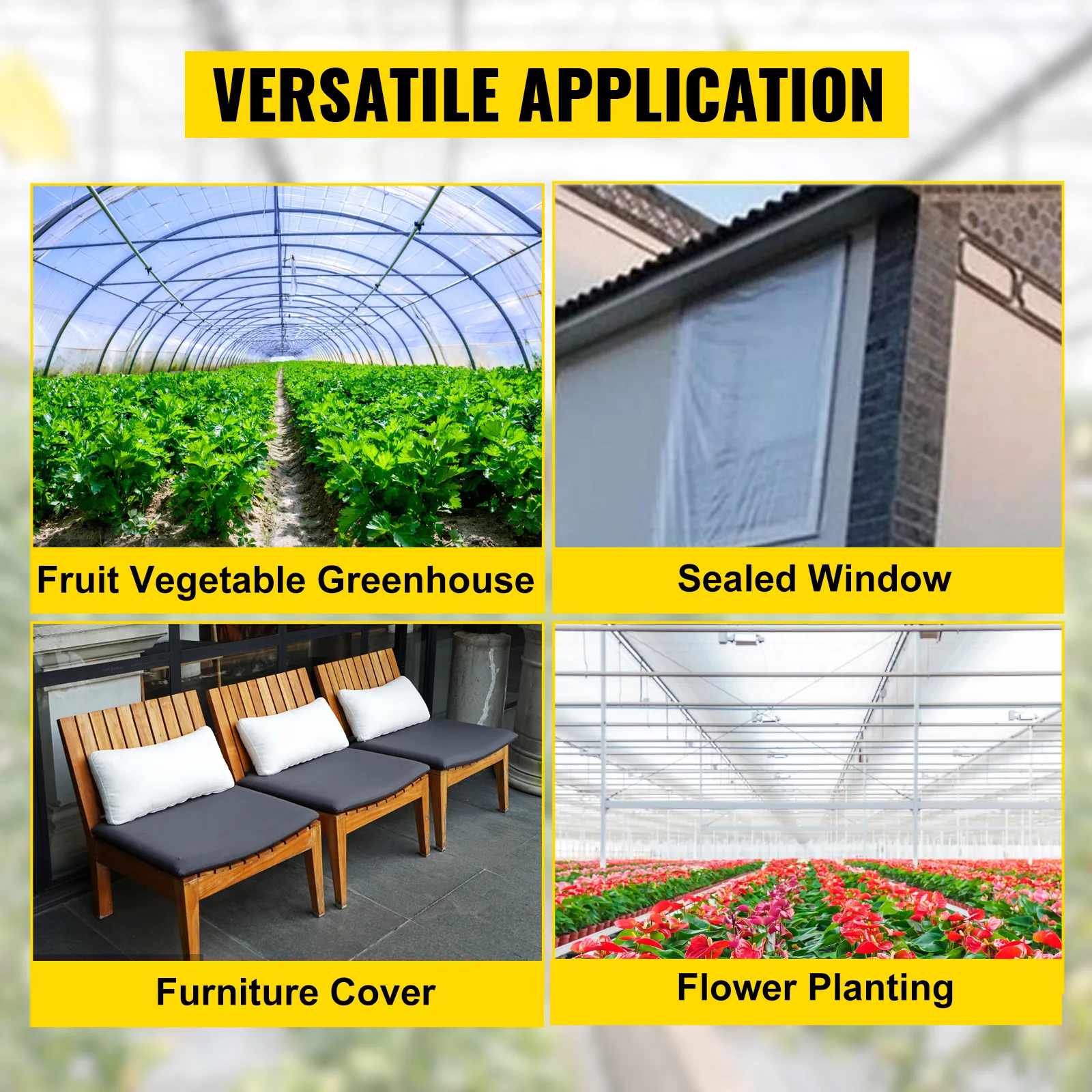 Vielseitige Anwendungsmöglichkeiten der VEVOR-Gewächshausfolie für Gewächshäuser, Blumen, Fenster, Möbel.