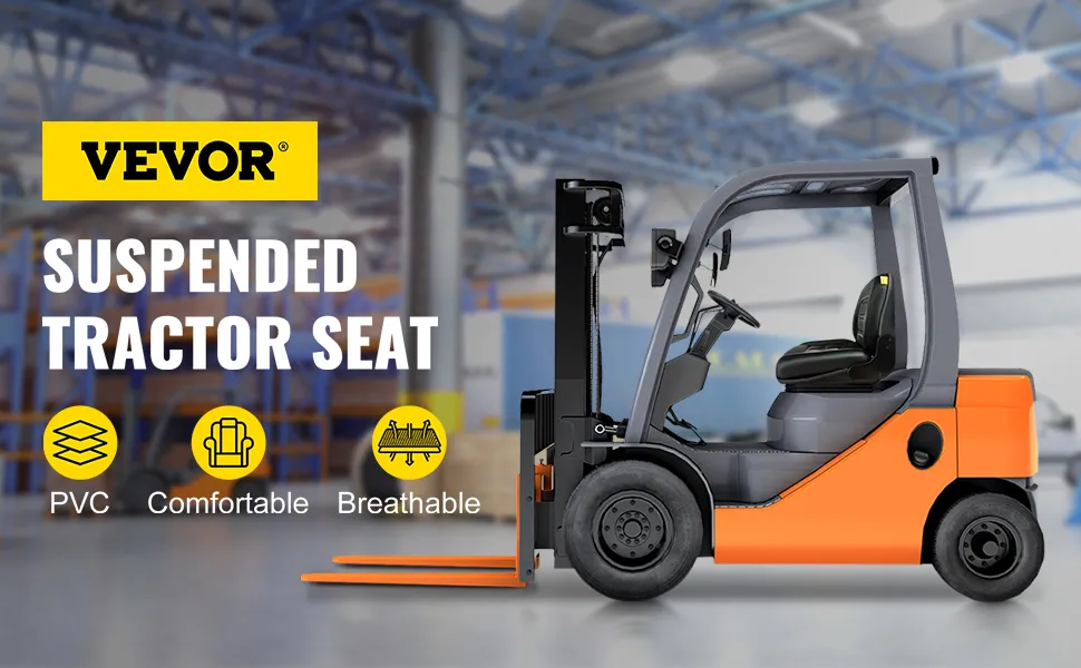 Asiento de carretilla elevadora VEVOR en carretilla elevadora naranja con etiquetas de pvc, cómodo y transpirable.