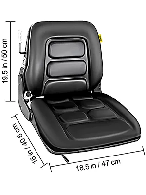 Asiento de carretilla elevadora VEVOR con dimensiones detalladas mostradas en negro y acolchado.