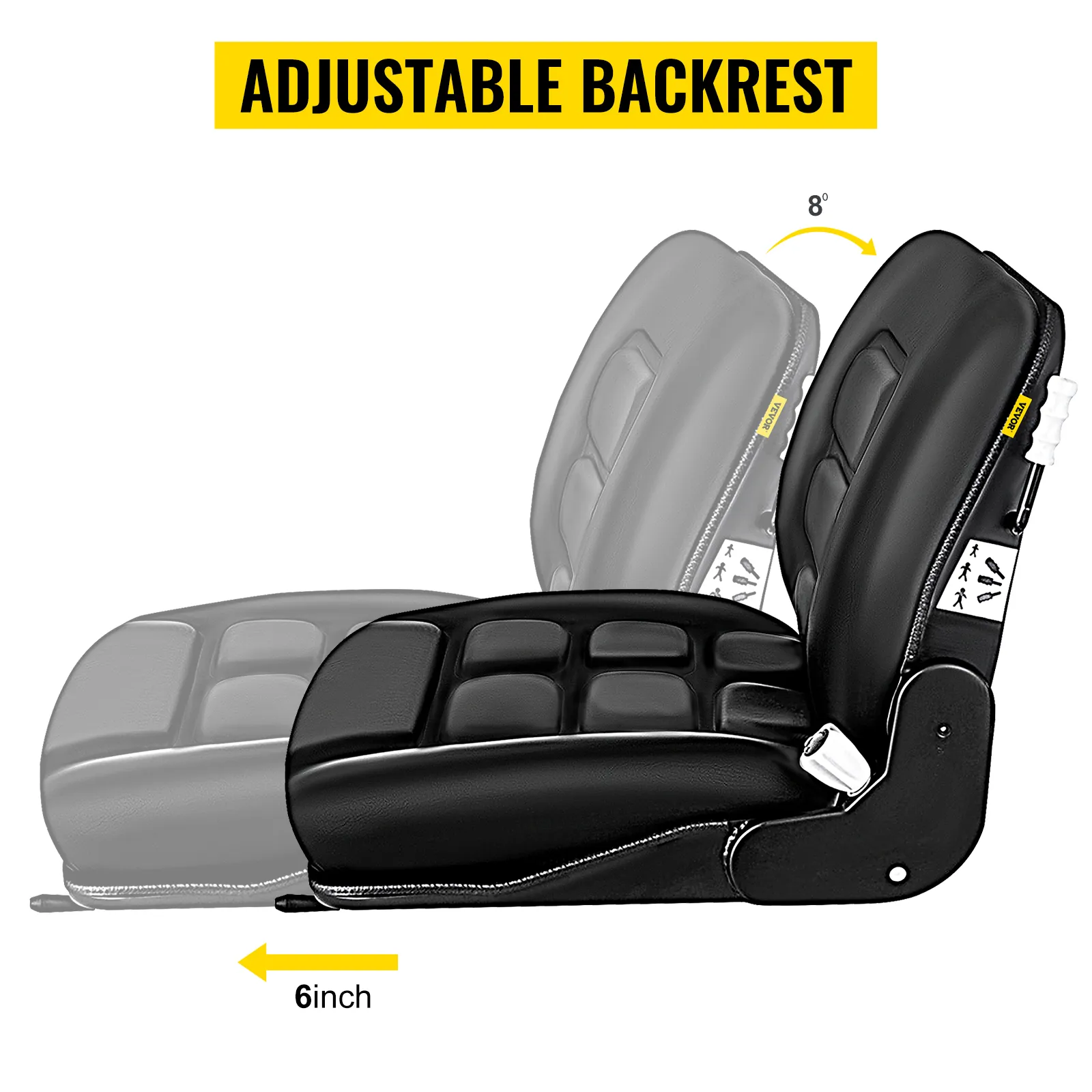 Asiento de carretilla elevadora VEVOR con respaldo ajustable, se reclina 8° y se desliza 6 pulgadas.