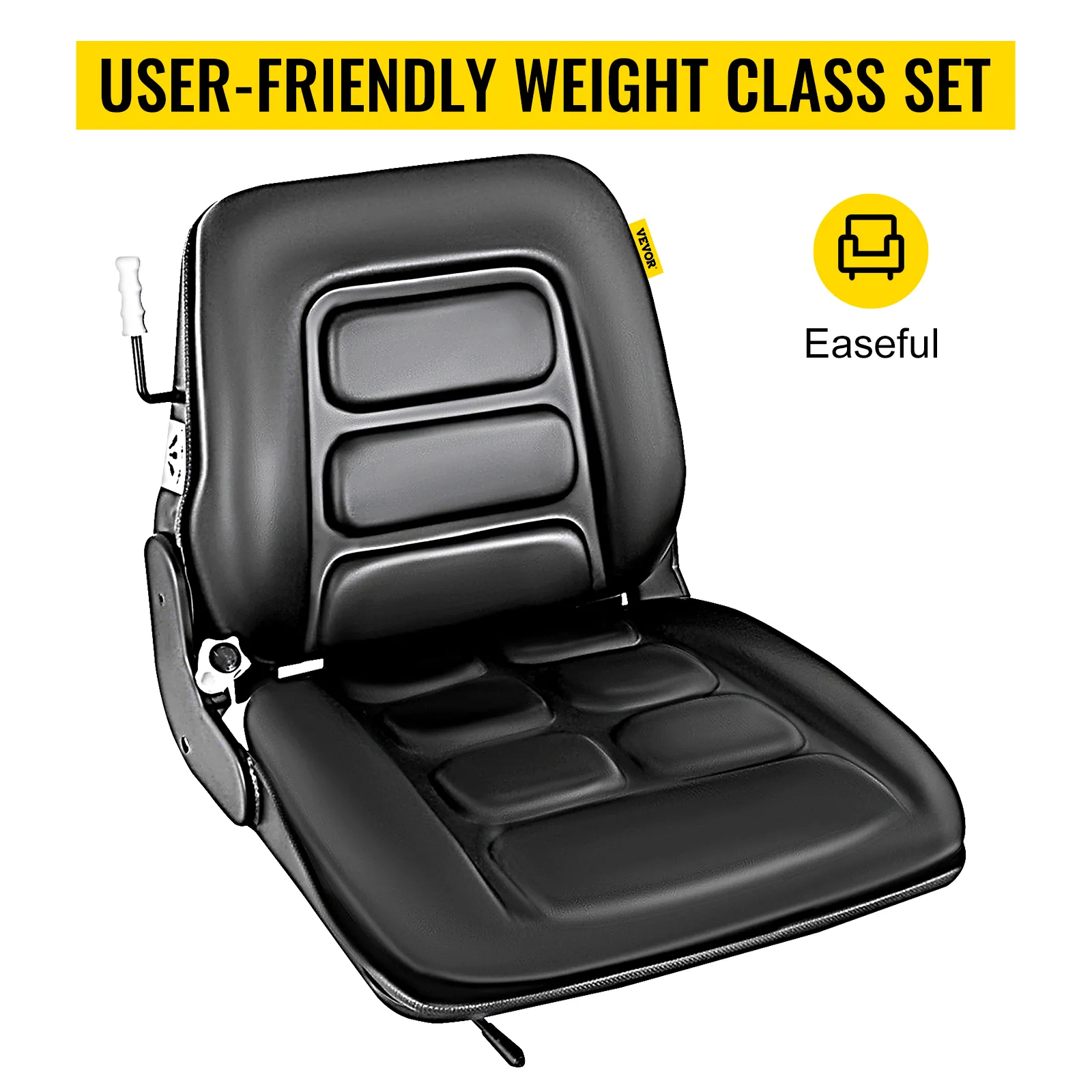 Asiento para carretilla elevadora VEVOR, amortiguación negra con diseño ergonómico, palanca de ajuste fácil de usar.