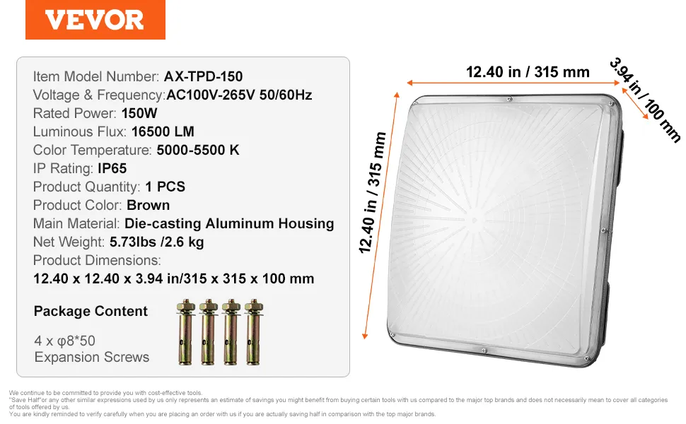 VEVOR led canopy light ax-tpd-150, 150w, 16500lm, 5000-5500k, ip65, aluminum housing, 12.4x12.4x3.9 in.