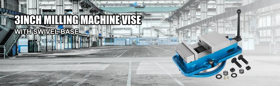 VEVOR milling vise with swivel base in large industrial workshop setting with accessories.