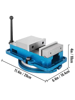 VEVOR milling vise with dimensions: 11.4in x 6.4in x 4in. blue base, handles, and jaws