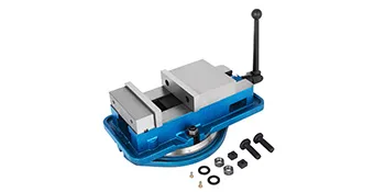 blue VEVOR milling vise with fastening accessories on white background.