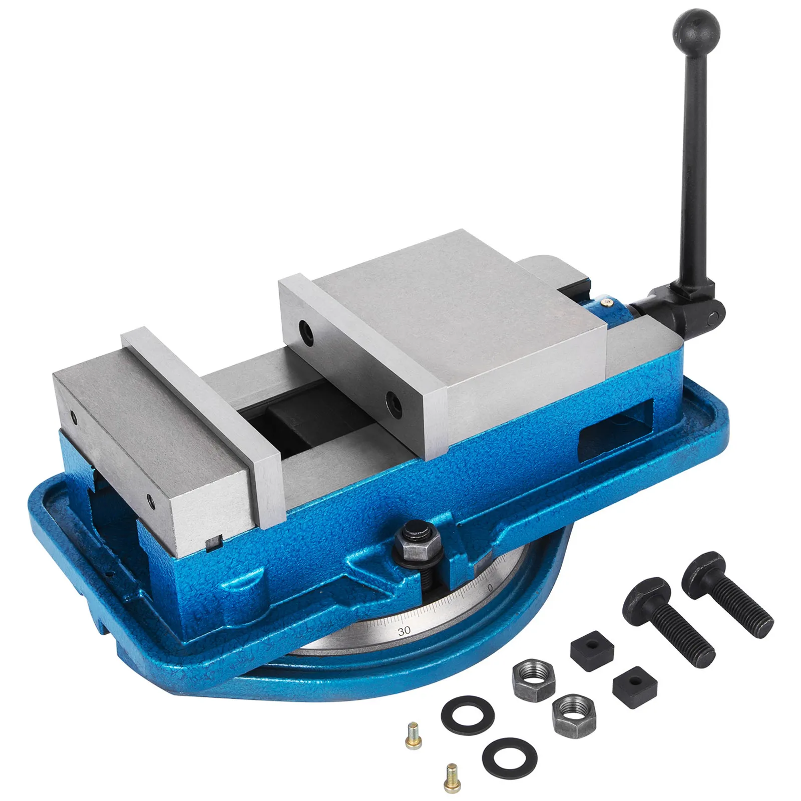 blue and silver VEVOR milling vise with handle, and included bolts and washers.