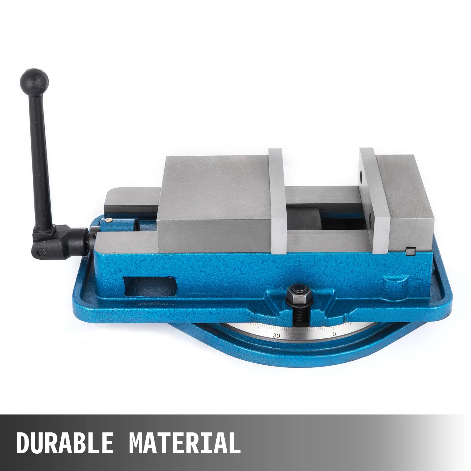 VEVOR milling vise with blue base and durable material caption.