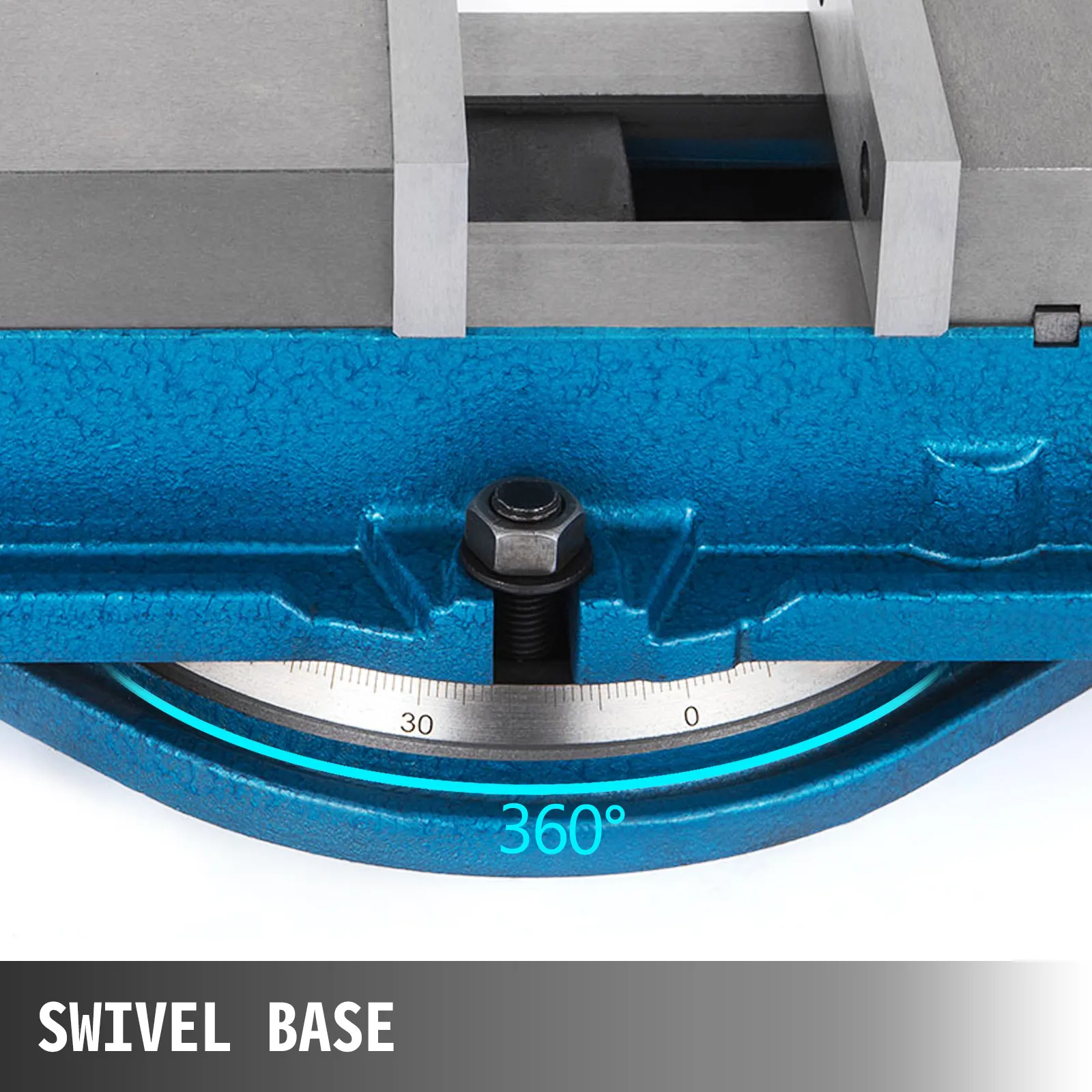 VEVOR milling vise with 360-degree swivel base, close-up view.