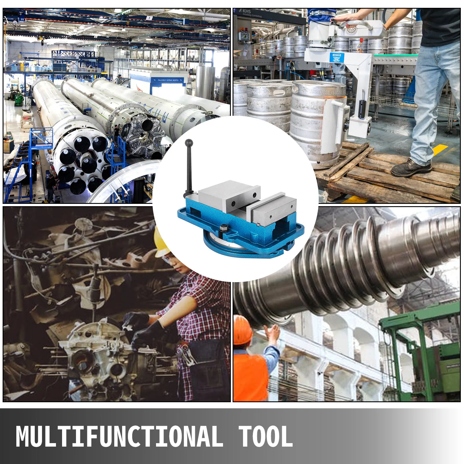 VEVOR milling vise in various industrial applications, labeled "multifunctional tool".