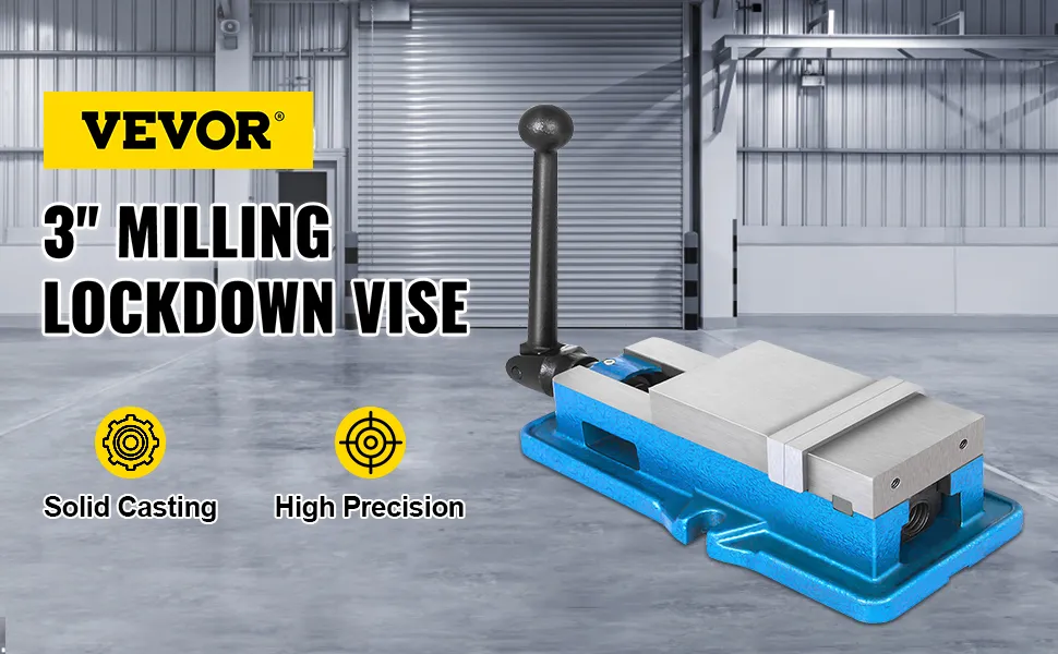 VEVOR milling vise, 3" lockdown with solid casting and high precision in a workshop.