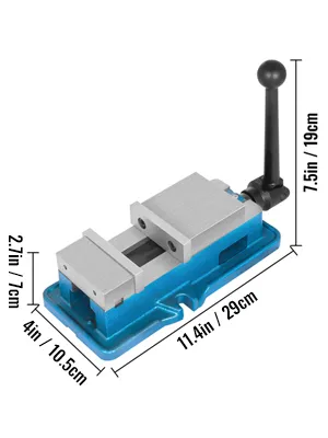 VEVOR milling vise with precise dimensions in blue, silver, and black colors.