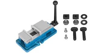 VEVOR milling vise with handle, screws, and washers, mounted on a blue base.