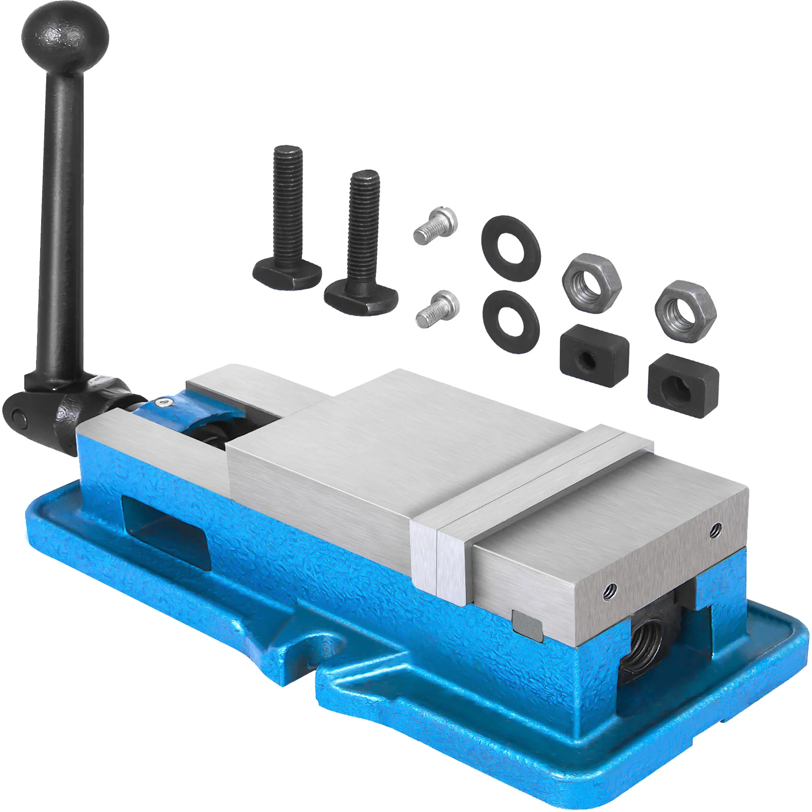 VEVOR milling vise with screws, washers, nuts, and bolts on a blue base